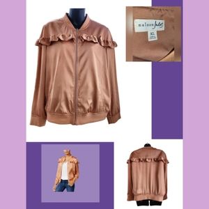 MAISON JULES RUFFLE LIGHT BRONZE SATIN BOMBER BASEBALL JACKET SIZE X/L